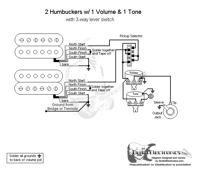 2 humbuckers 3 way lever switch 1 volume 1 tone One Tone Humbucker Wiring-Diagram 2 humbuckers 3 way lever switch 1 volume 1 tone click to enlarge